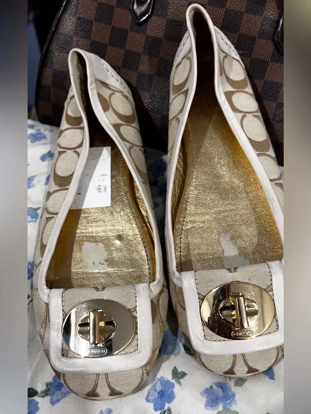 Coach Beige Logo Ballet Flats with Gold-Tone Buckle
